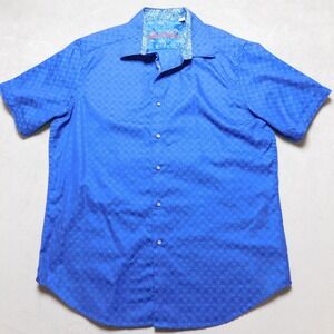 Robert Graham Mens Blue Geometric Jacquard Short Sleeve Button Down Shirt Large